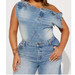 NWT - Stylish One-Shoulder Denim Jumpsuit